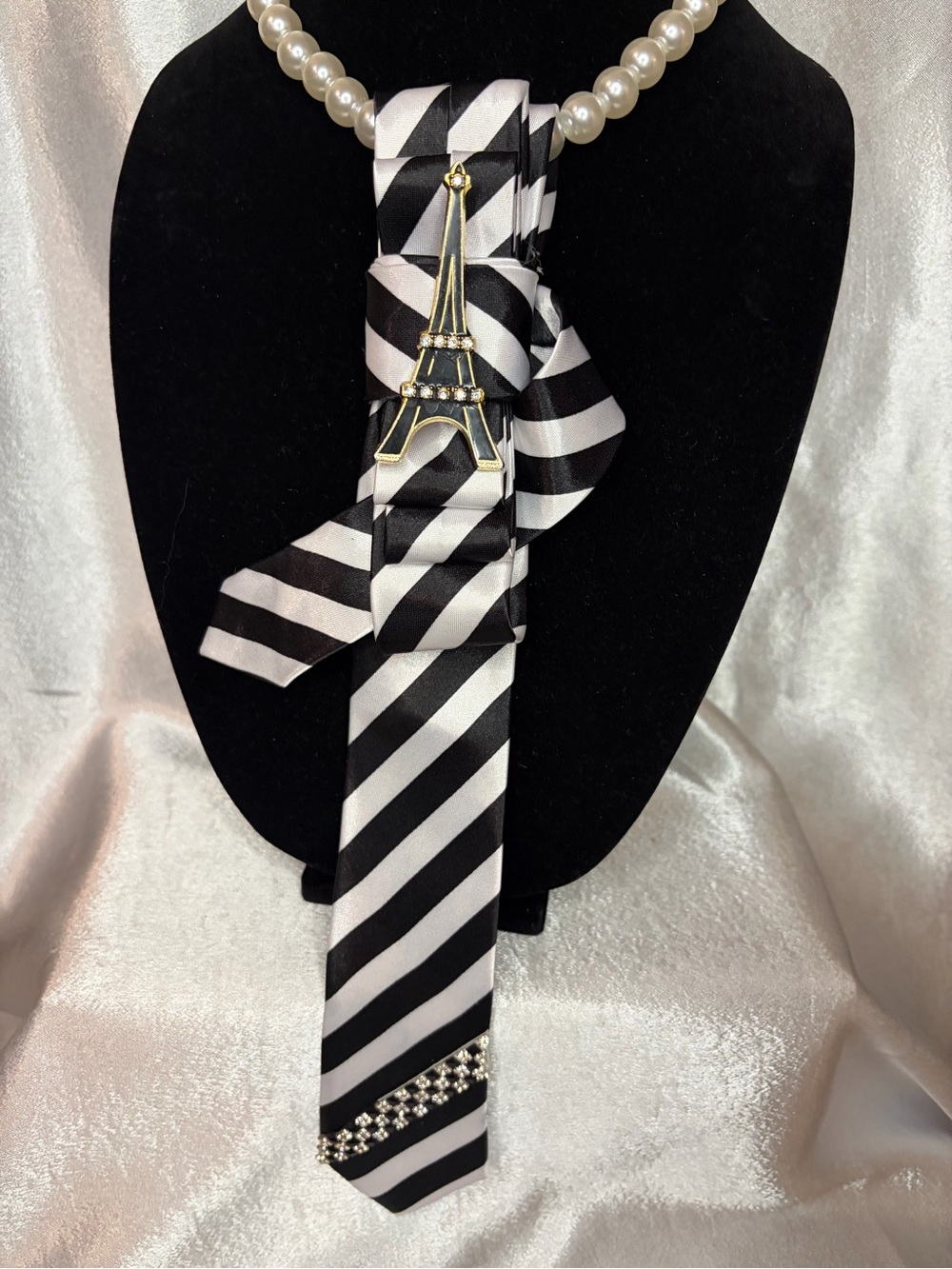 Black and White Diagonal Stripe Necklace Tie with Eiffel Tower Pin